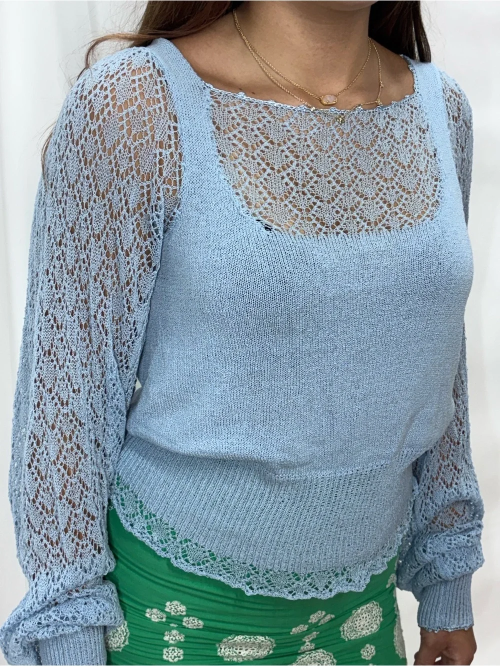 Free People Feminine Fancy Long Sleeve Lace Knit Blouse Sweater Balloon Sleeve